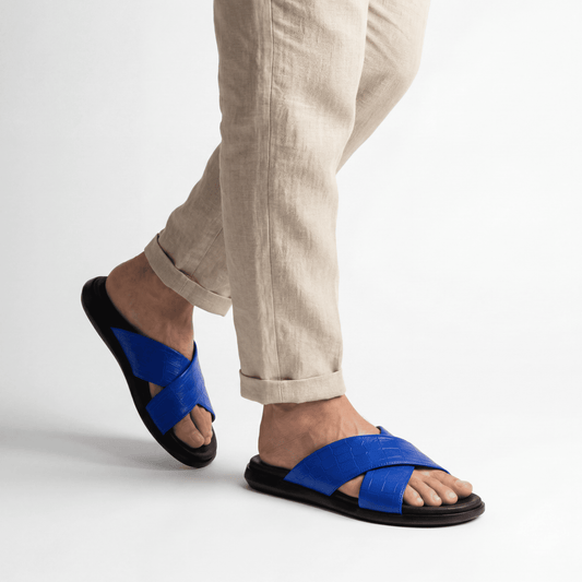 Sandales Homme en Cuir – Brides Croisées “X” Effet Croco Bleu