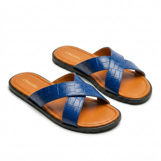 Sandales homme bleu cuir effet croco, brides croisées, semelle confortable été chic