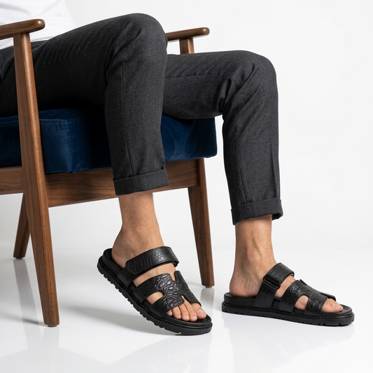 Sandales Homme Cuir Effet Croco Noir