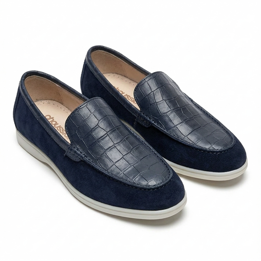 Mocassin homme cuir daim bleu marine avec détail croco – Chaussia Maroc