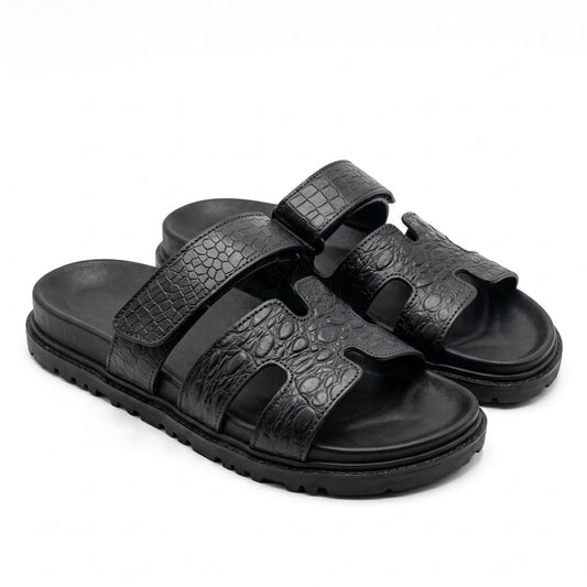 Sandales homme cuir noir effet croco bride H Chaussia Maroc – paiement à la livraison
