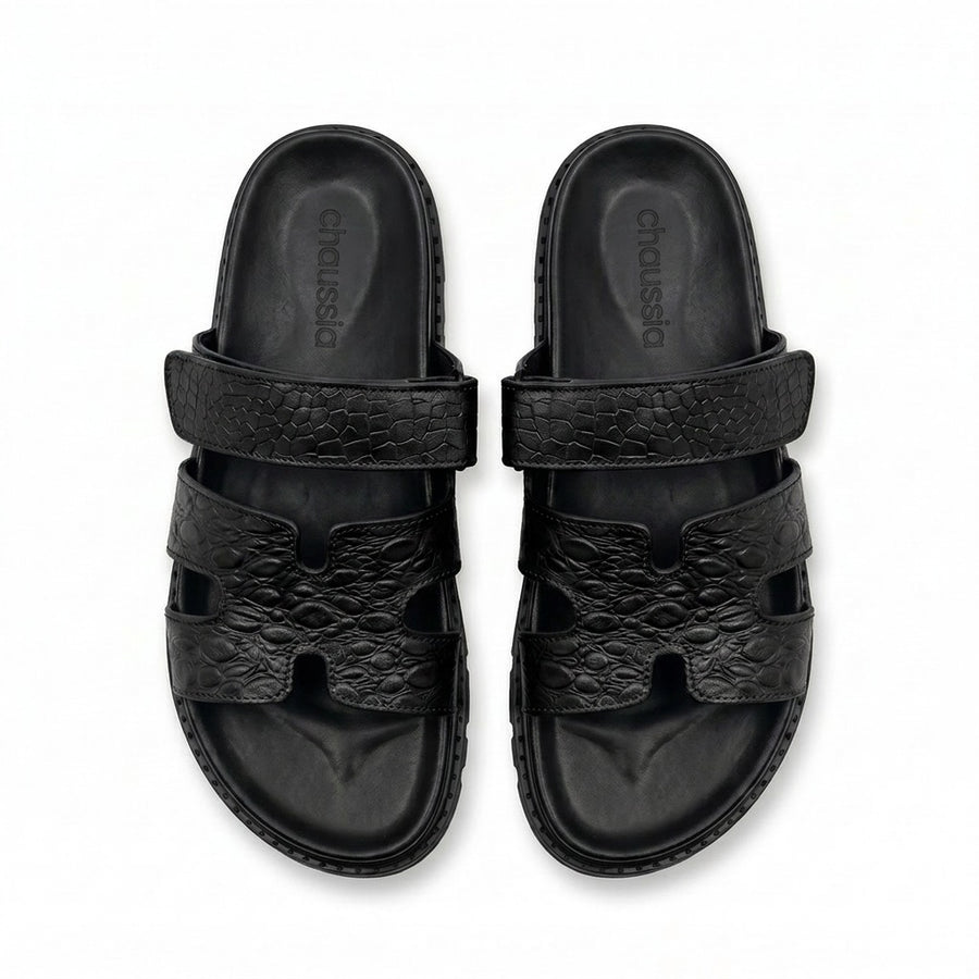 Sandales Homme Cuir Effet Croco Noir