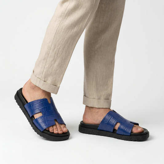 Sandales Homme en Cuir – Bride “H” Effet Croco Bleu