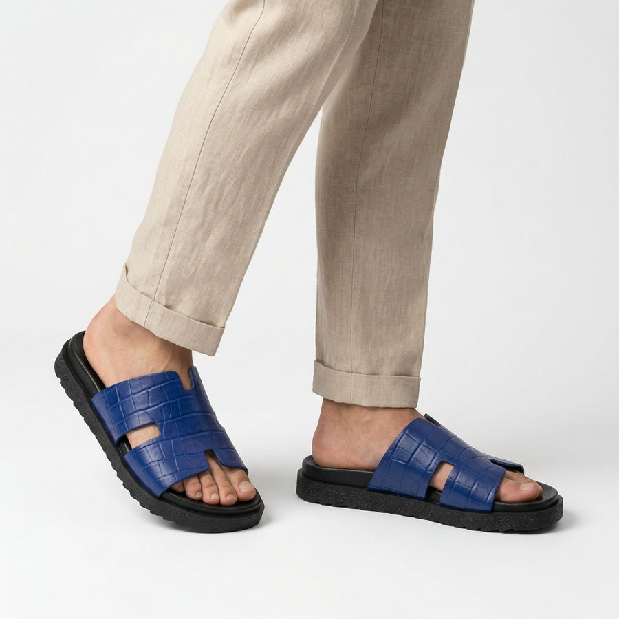 Sandales Homme en Cuir – Bride “H” Effet Croco Bleu
