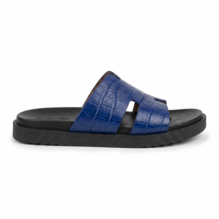 Sandales Homme en Cuir – Bride “H” Effet Croco Bleu