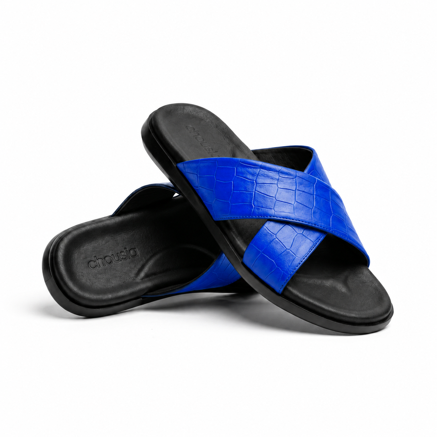 Sandales Homme en Cuir – Brides Croisées “X” Effet Croco Bleu