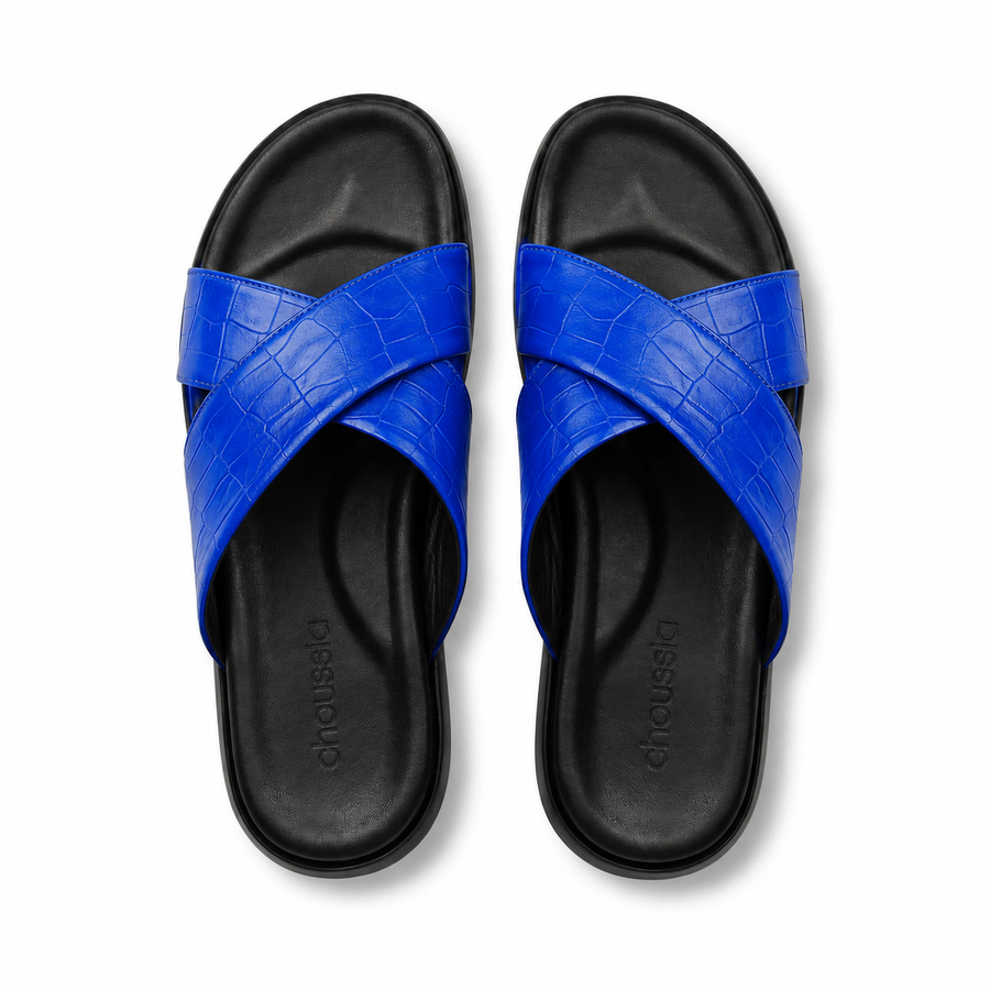 Sandales Homme en Cuir – Brides Croisées “X” Effet Croco Bleu