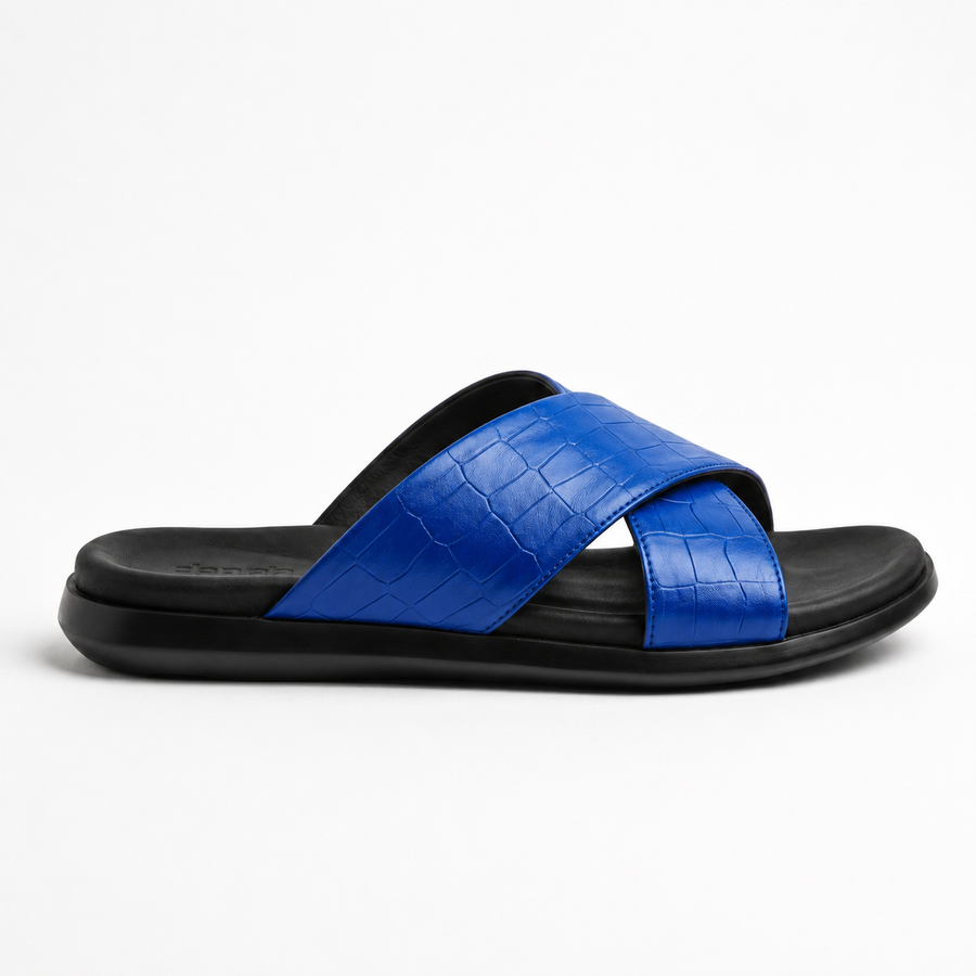 Sandales Homme en Cuir – Brides Croisées “X” Effet Croco Bleu