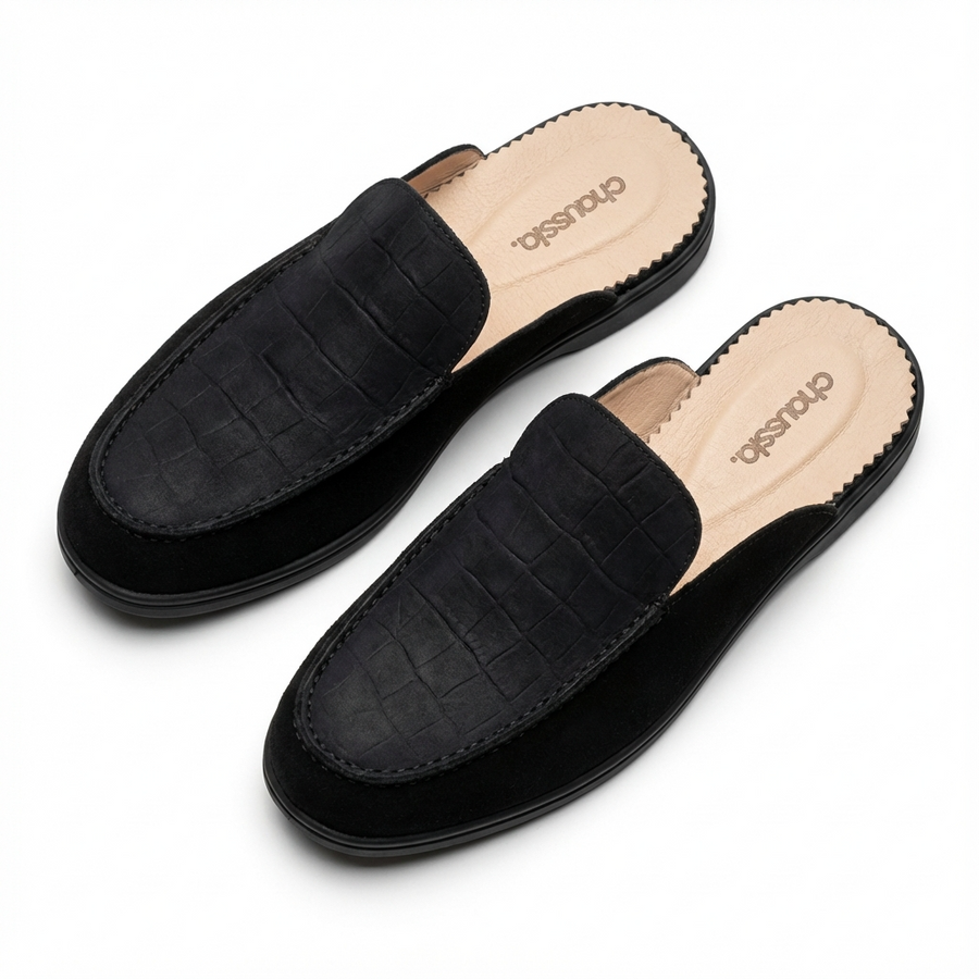 Mules homme en cuir grain croco noires