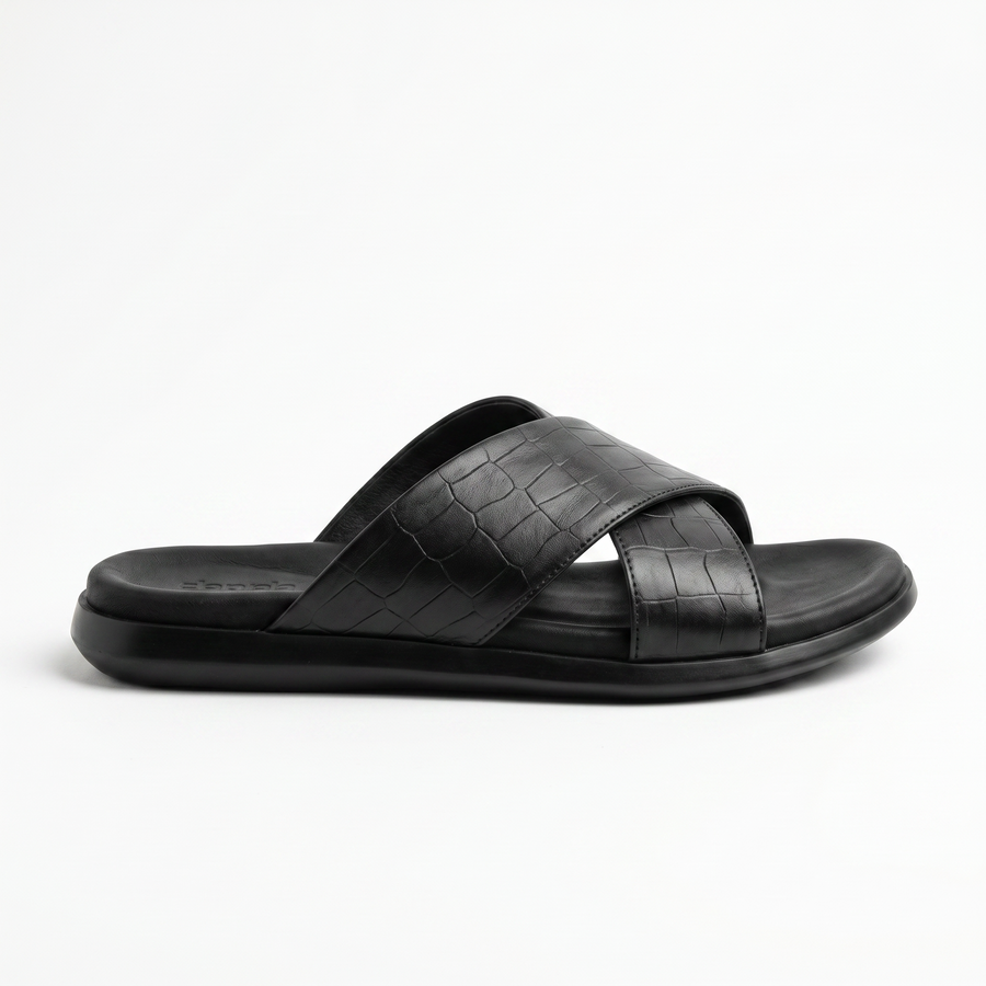 Sandales Homme en Cuir  – Brides Croisées “X” Effet Croco Noir