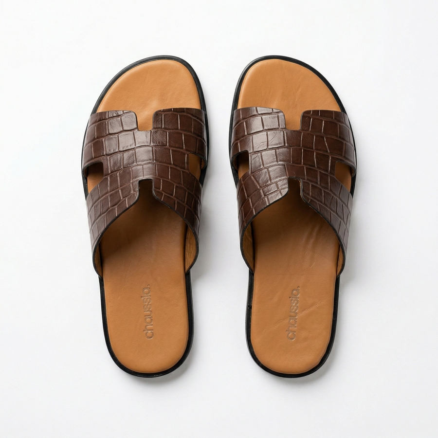 Sandales Homme Cuir Effet Croco Marron