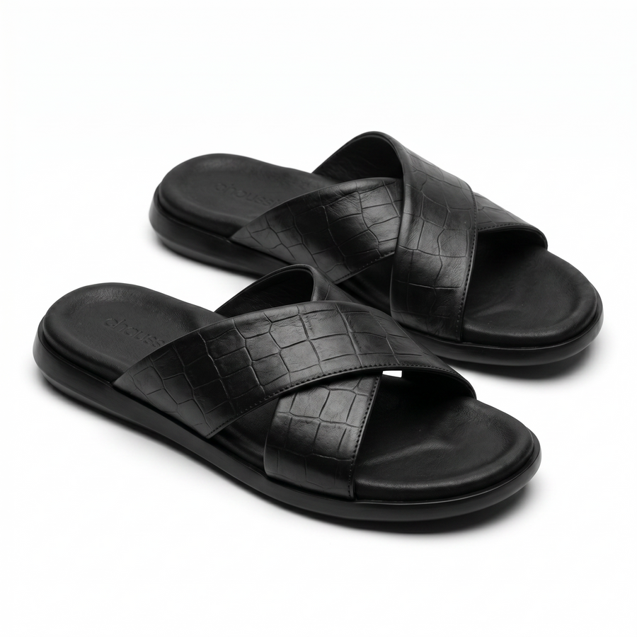 Sandales Homme en Cuir  – Brides Croisées “X” Effet Croco Noir
