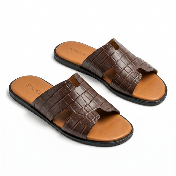 Sandales Homme Cuir Effet Croco Marron