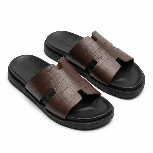 Sandales Homme en Cuir – Bride “H” Effet Croco Marron
