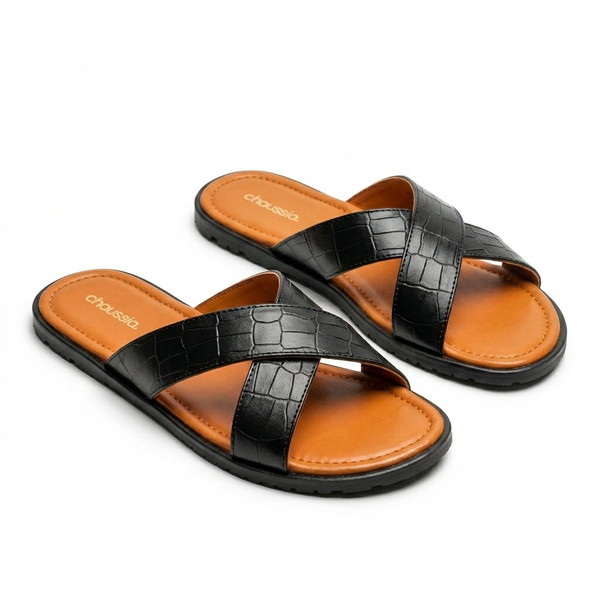 Sandales Homme Noires à Brides Croisées Effet Croco