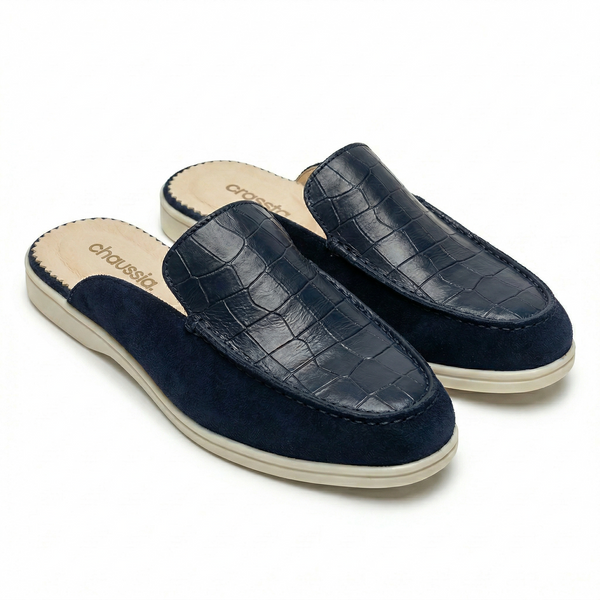 Mules Homme en Cuir Grain Croco  bleu