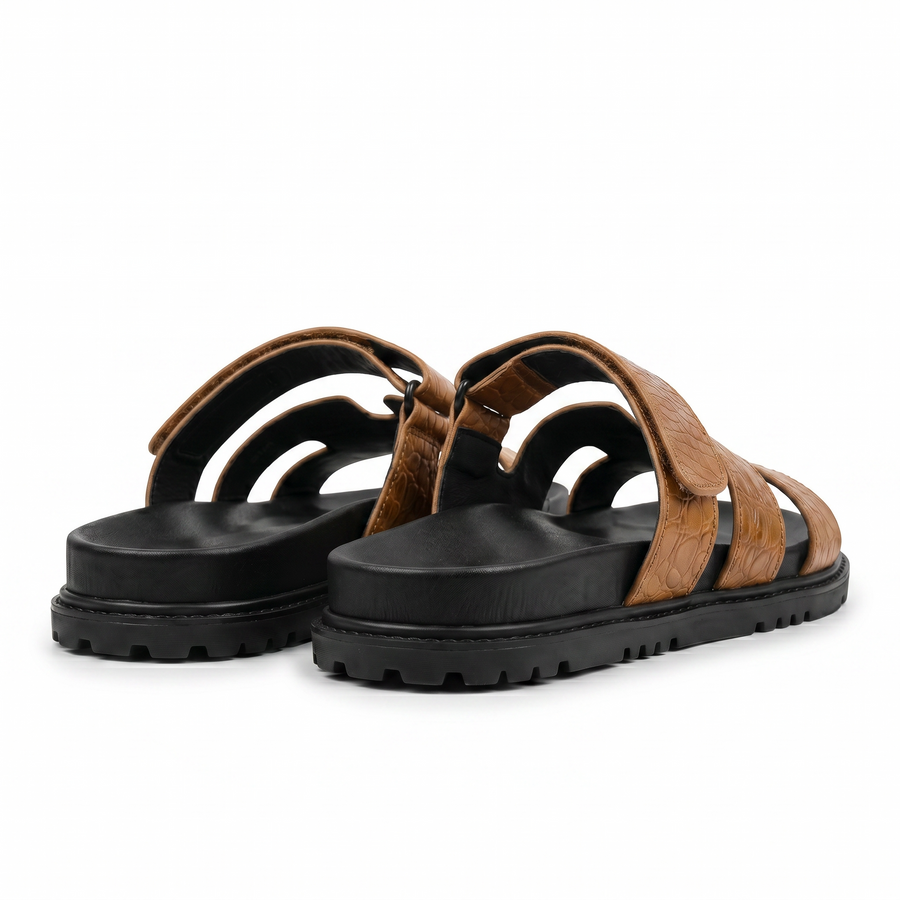 Sandales Homme Cuir Effet Croco Cognac