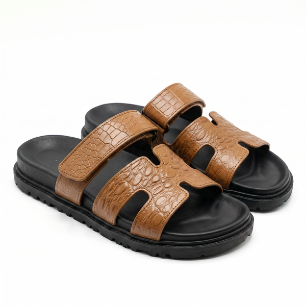 Sandales Homme Cuir Effet Croco Cognac