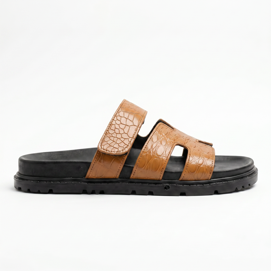Sandales Homme Cuir Effet Croco Cognac