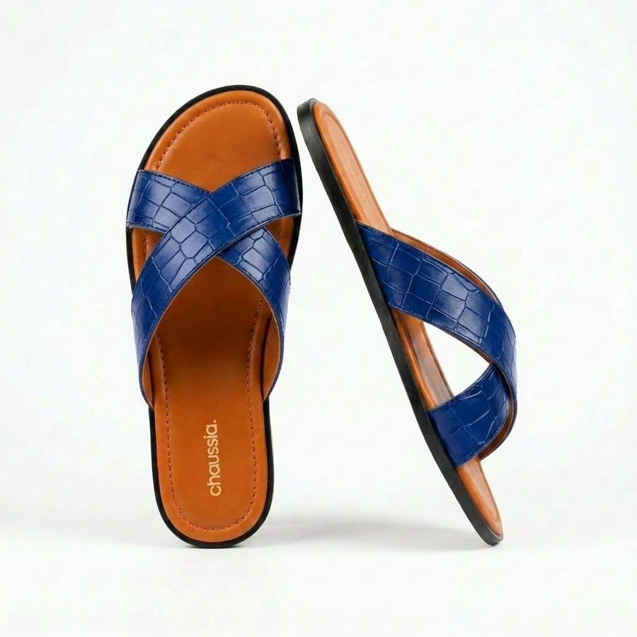 Sandales Homme Cuir Effet Croco Bleu