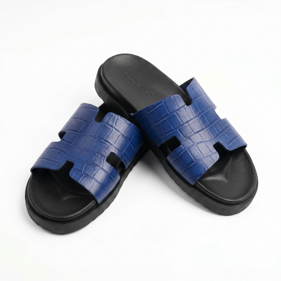 Sandales Homme en Cuir – Bride “H” Effet Croco Bleu