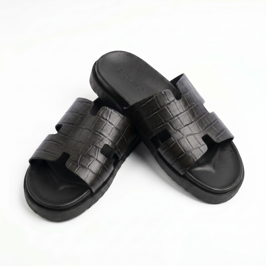 Sandales Homme en Cuir – Bride “H” Effet Croco Noir