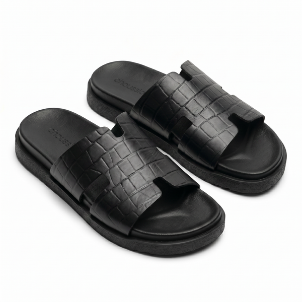 Sandales Homme en Cuir – Bride “H” Effet Croco Noir