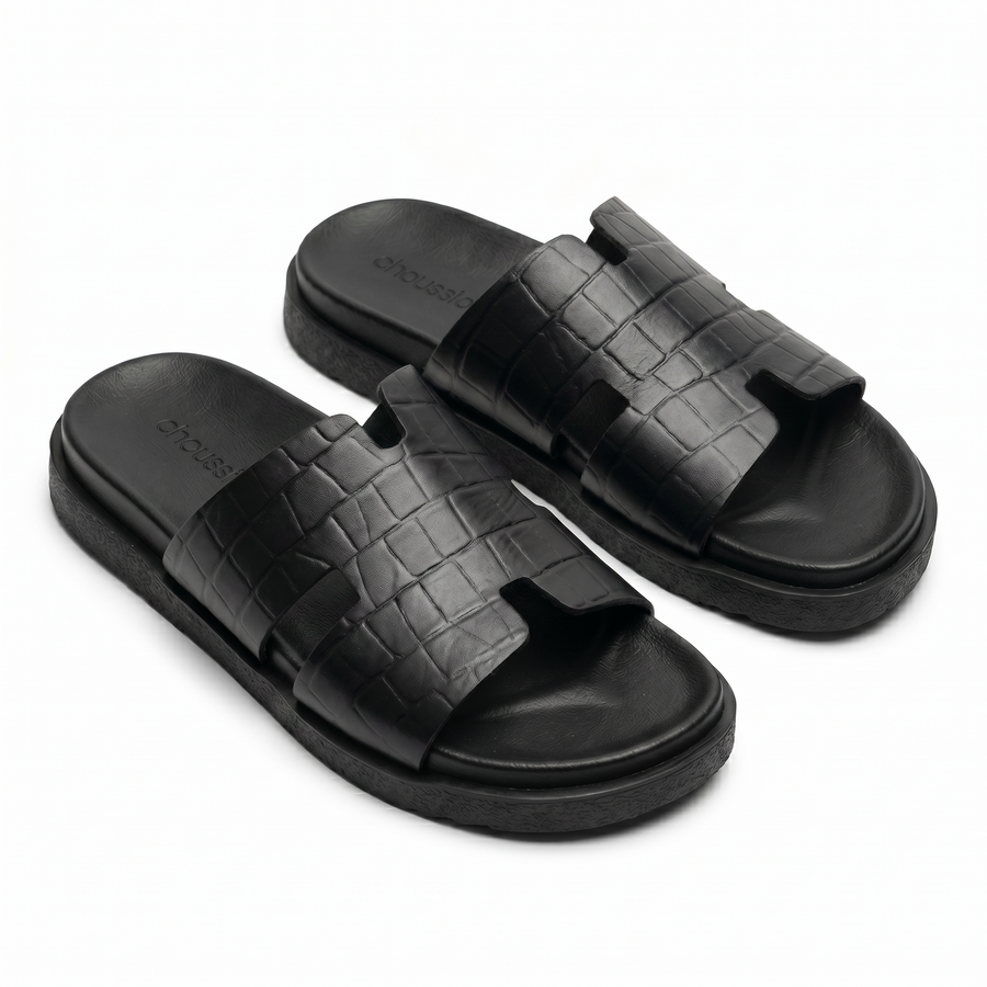 Sandales Homme en Cuir – Bride “H” Effet Croco Noir