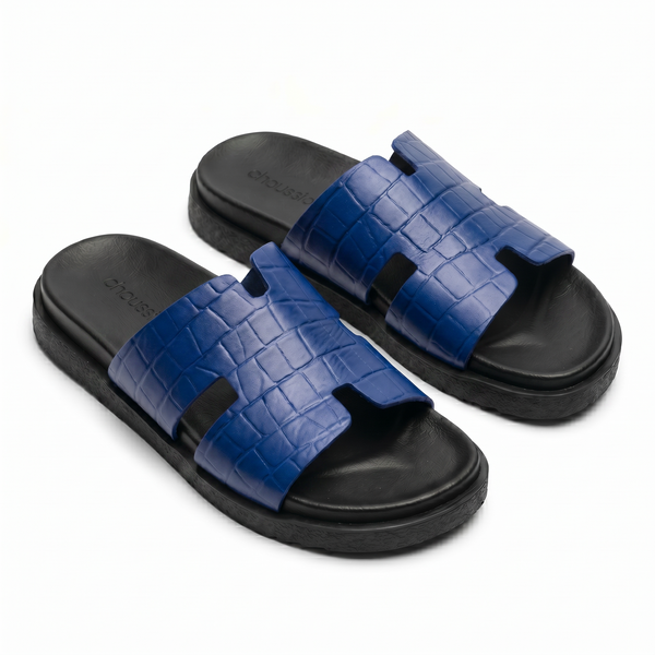 Sandales Homme en Cuir – Bride “H” Effet Croco Bleu