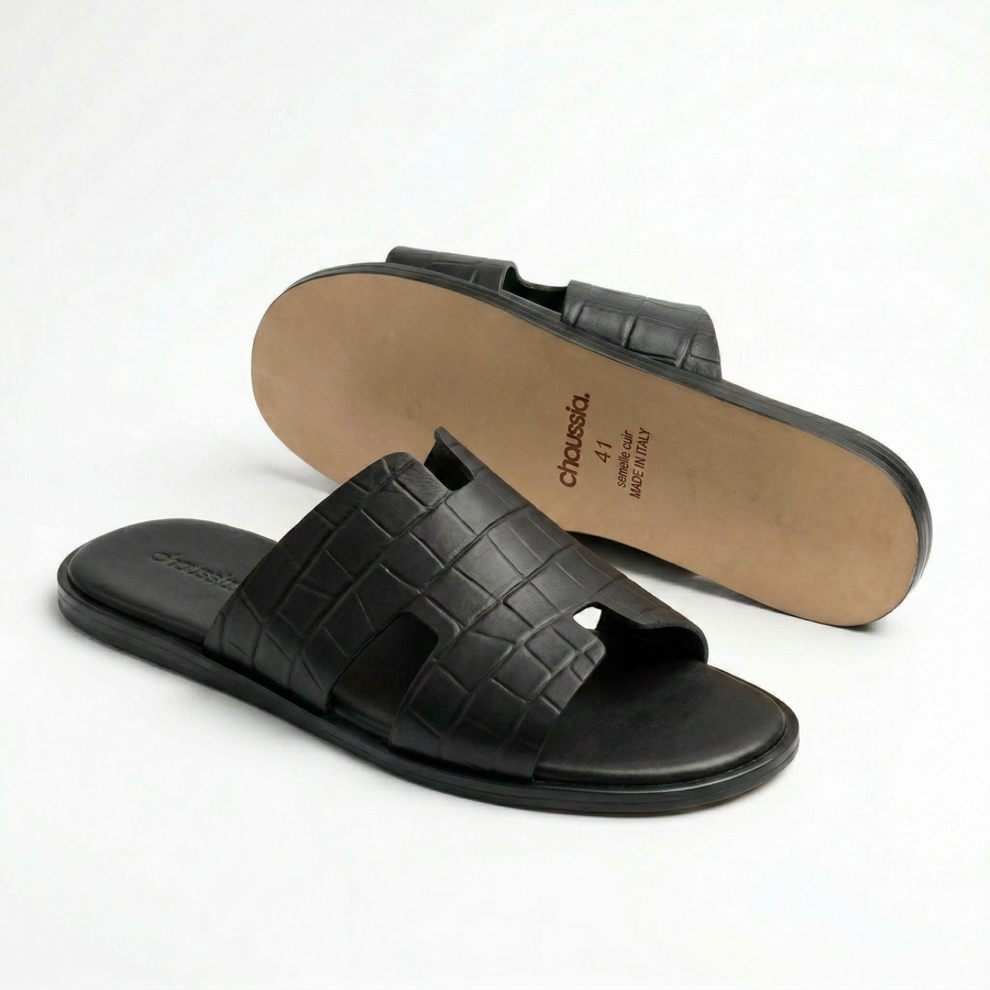 Sandales Homme Cuir Effet Croco Noir