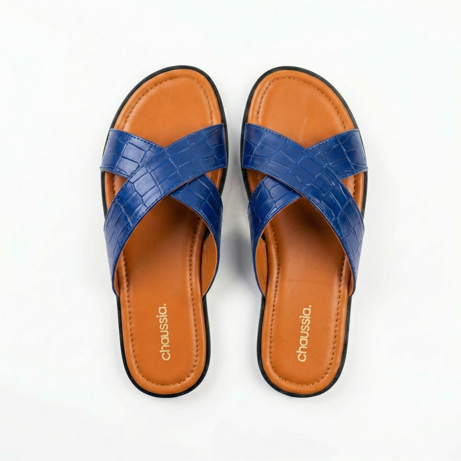 Sandales Homme Cuir Effet Croco Bleu