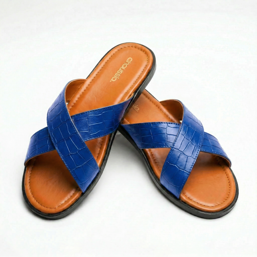 Sandales Homme Cuir Effet Croco Bleu