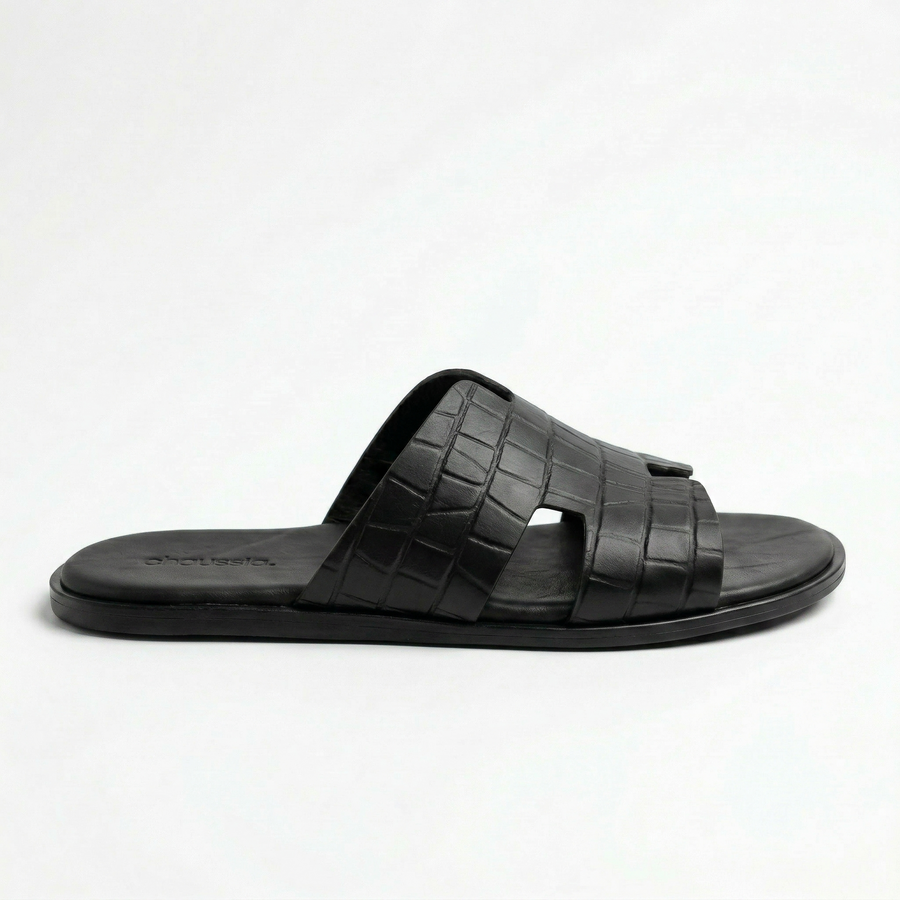 Sandales Homme Cuir Effet Croco Noir
