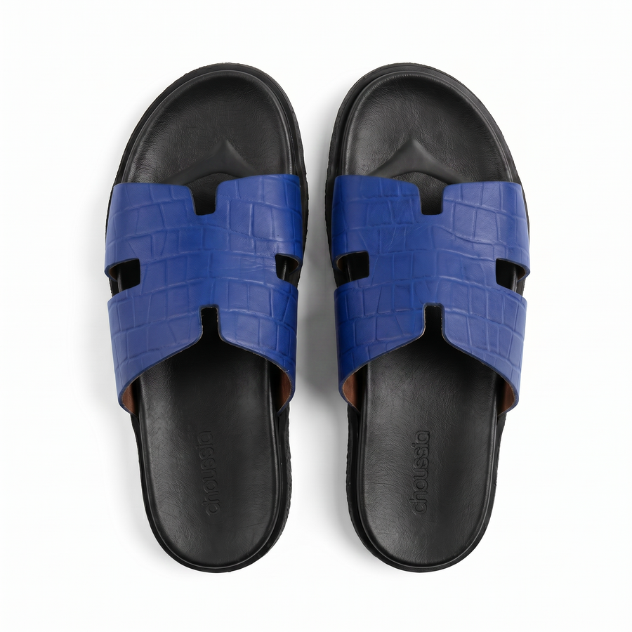 Sandales Homme en Cuir – Bride “H” Effet Croco Bleu