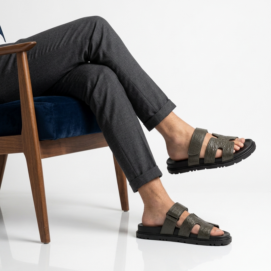 Sandales Homme Cuir Effet Croco Kaki