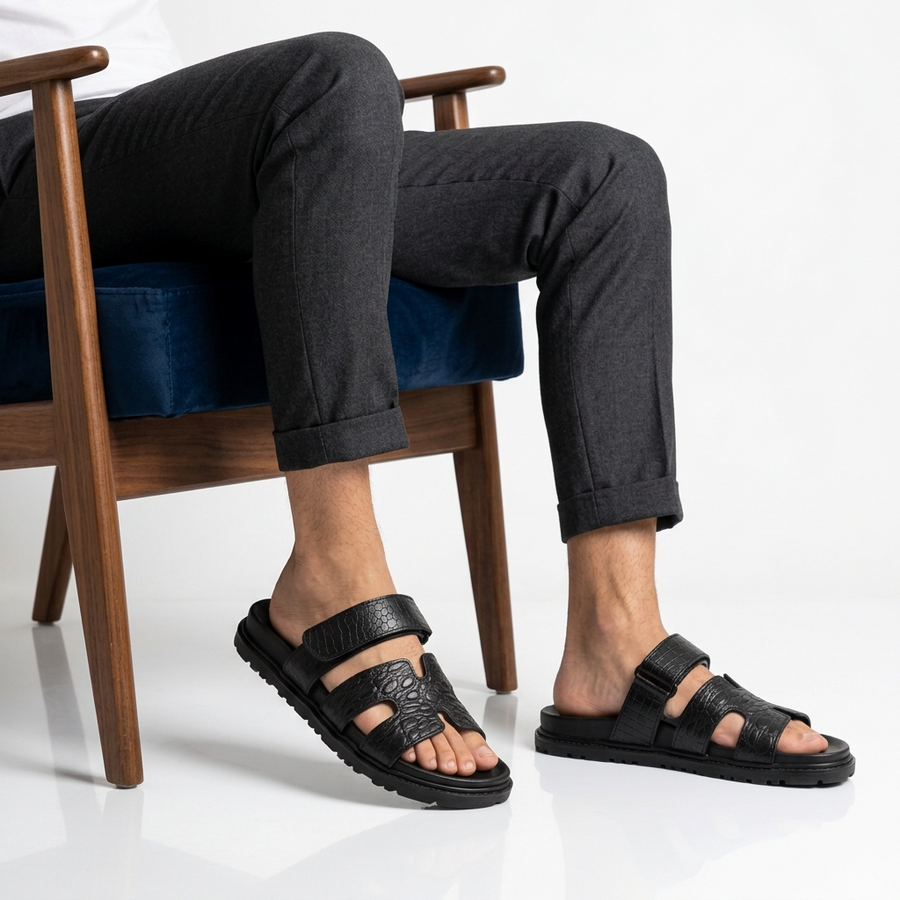 Sandales Homme Cuir Effet Croco Noir