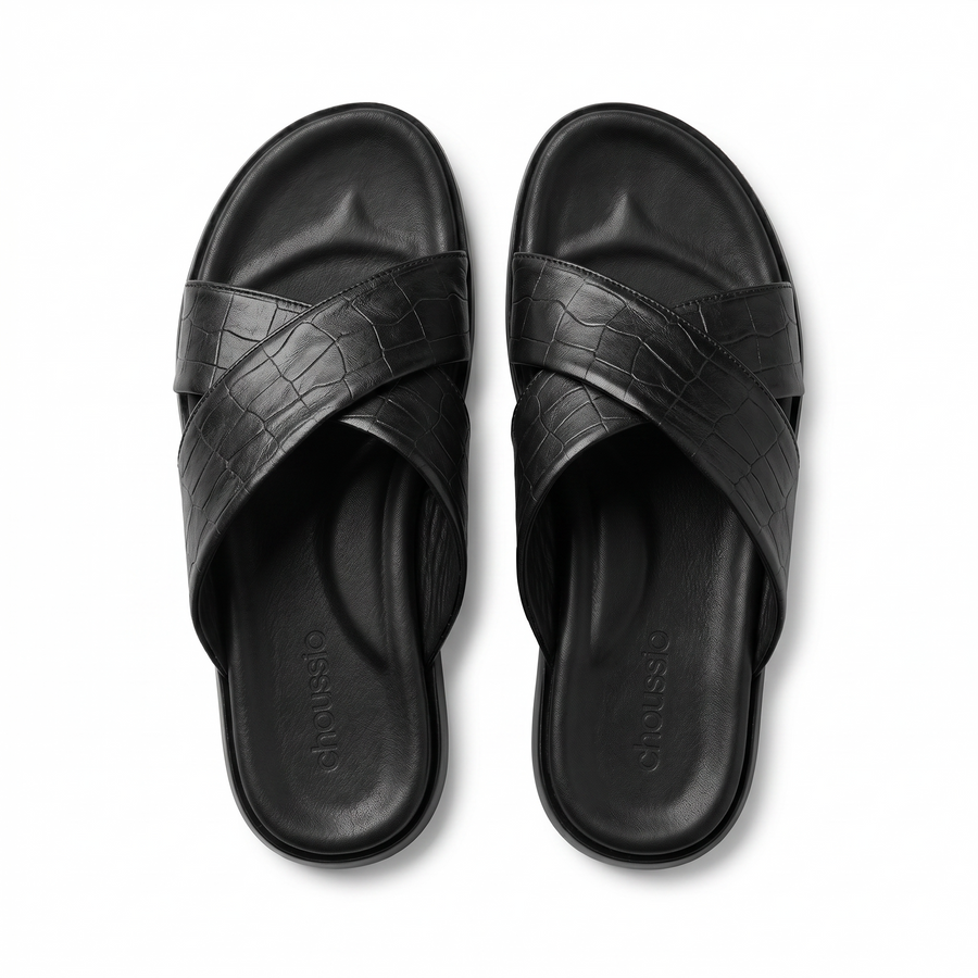 Sandales Homme en Cuir  – Brides Croisées “X” Effet Croco Noir