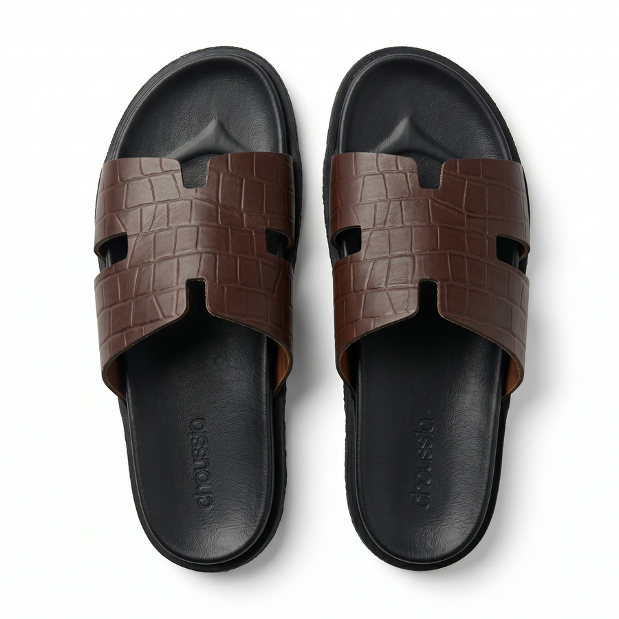 Sandales Homme en Cuir – Bride “H” Effet Croco Marron