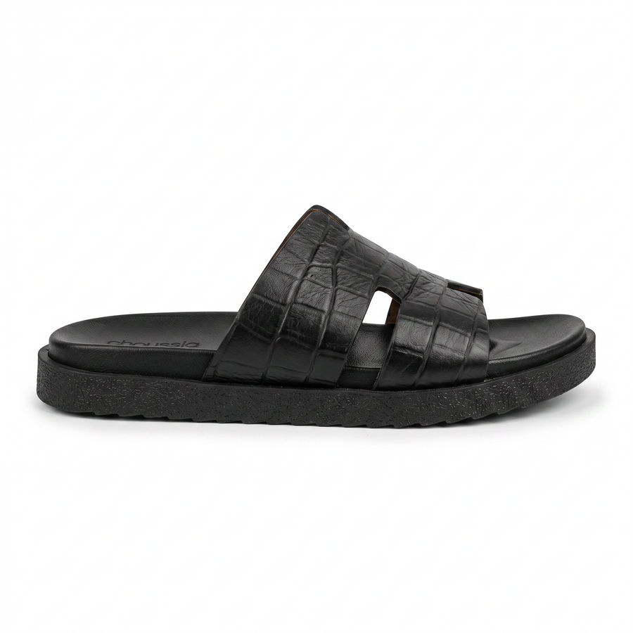 Sandales Homme en Cuir – Bride “H” Effet Croco Noir