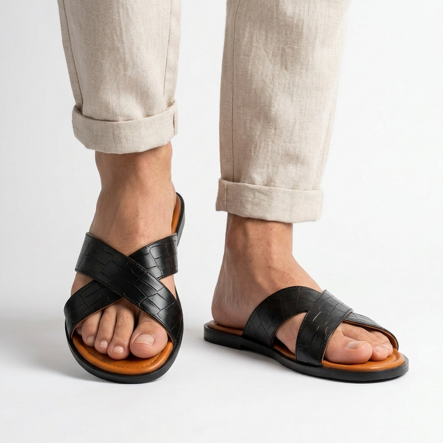 Sandales Homme Noires à Brides Croisées Effet Croco