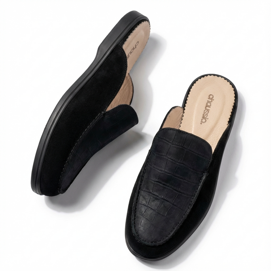 Mules homme en cuir grain croco noires