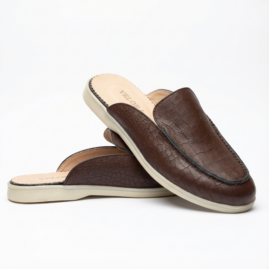 Mules Homme en Cuir Grain Croco Marron