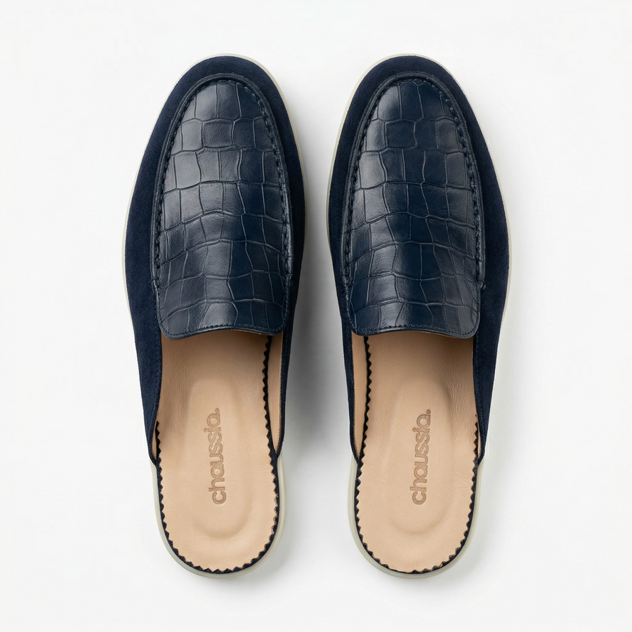 Mules Homme en Cuir Grain Croco  bleu