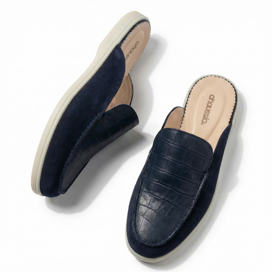 Mules Homme en Cuir Grain Croco  bleu