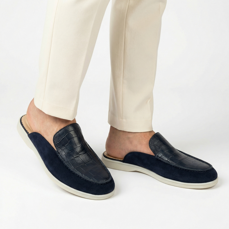 Mules Homme en Cuir Grain Croco  bleu