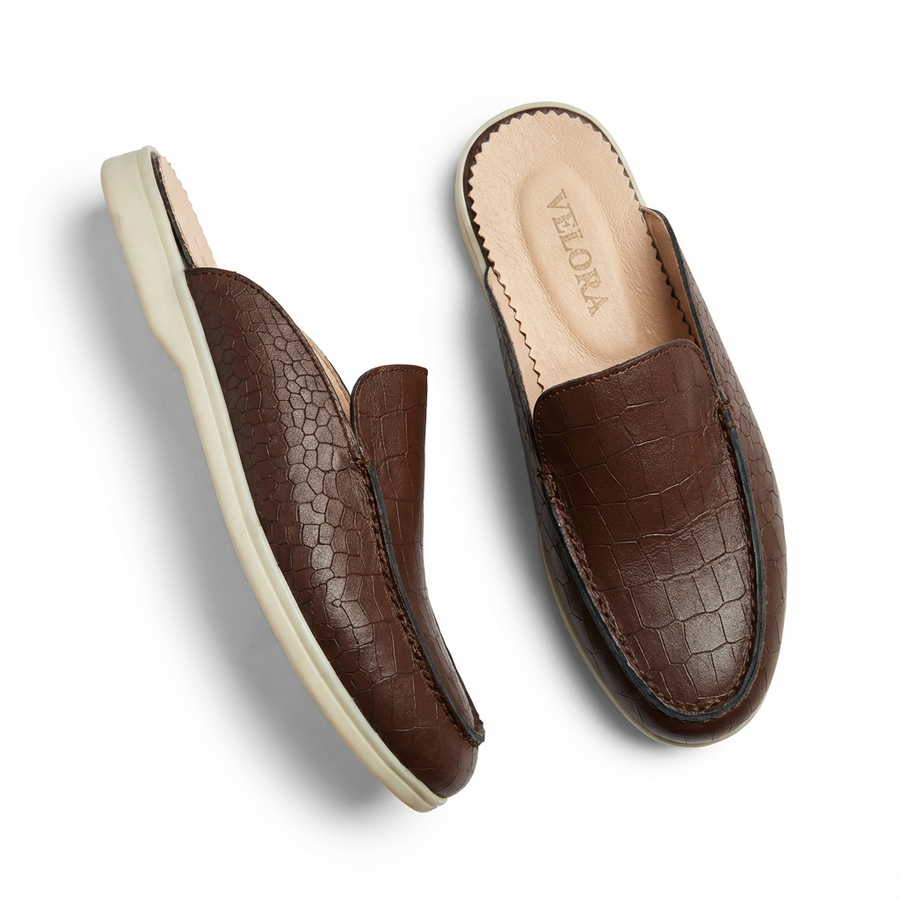 Mules Homme en Cuir Grain Croco Marron