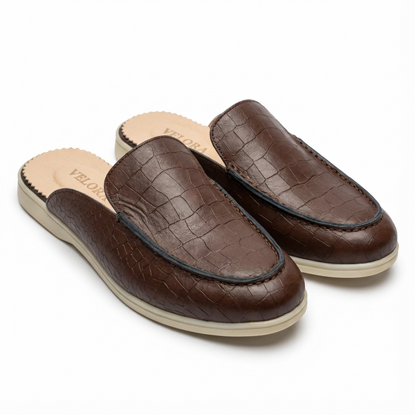 Mules Homme en Cuir Grain Croco Marron