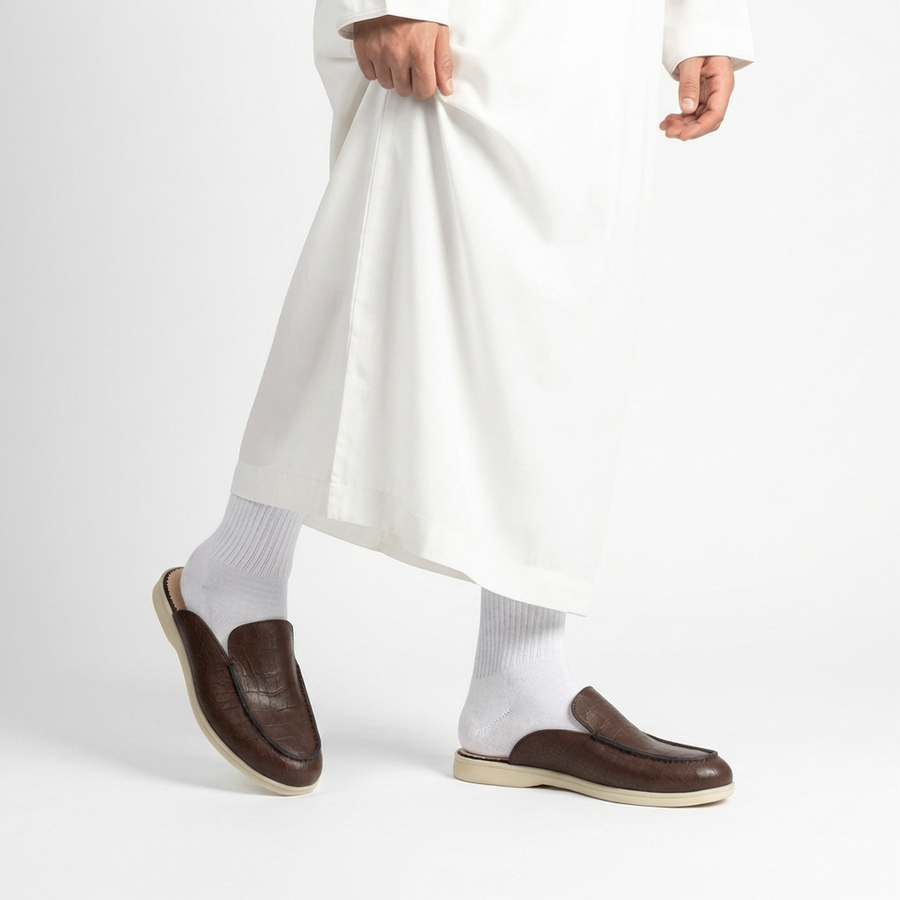 Mules Homme en Cuir Grain Croco Marron