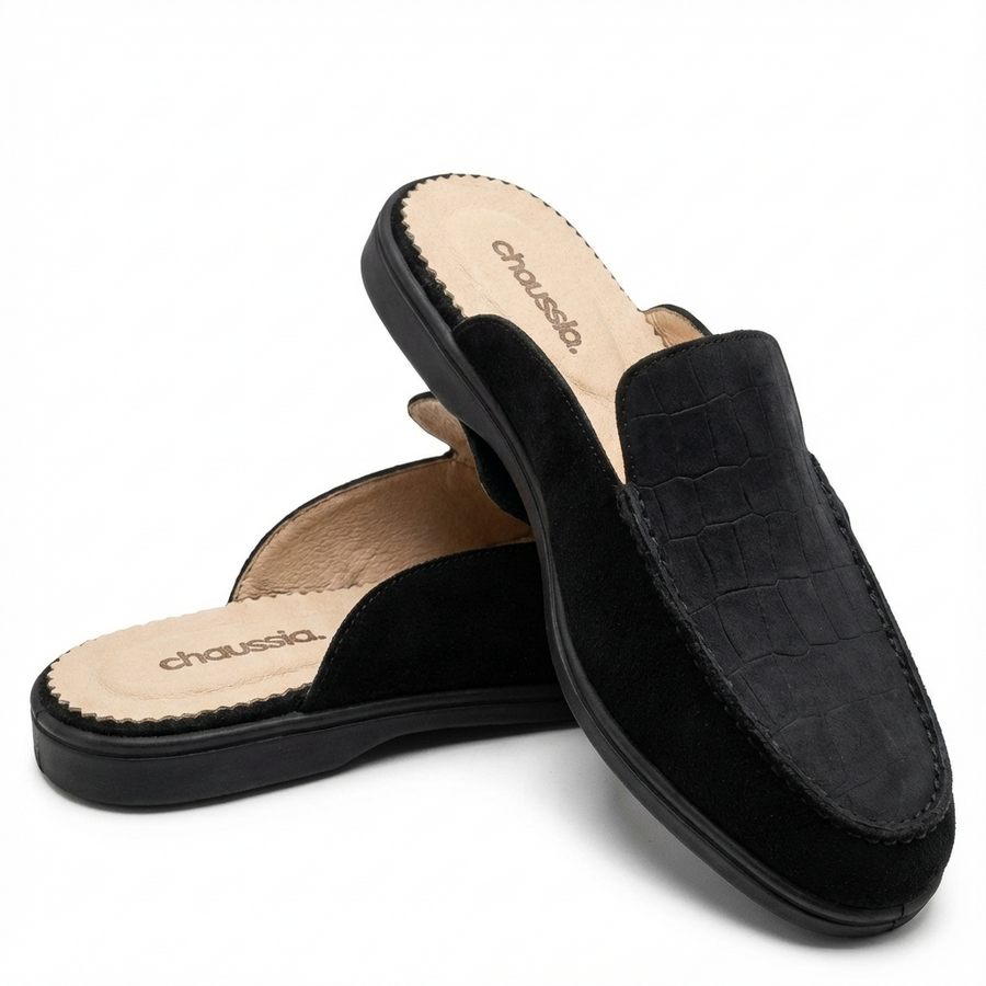 Mules homme en cuir grain croco noires