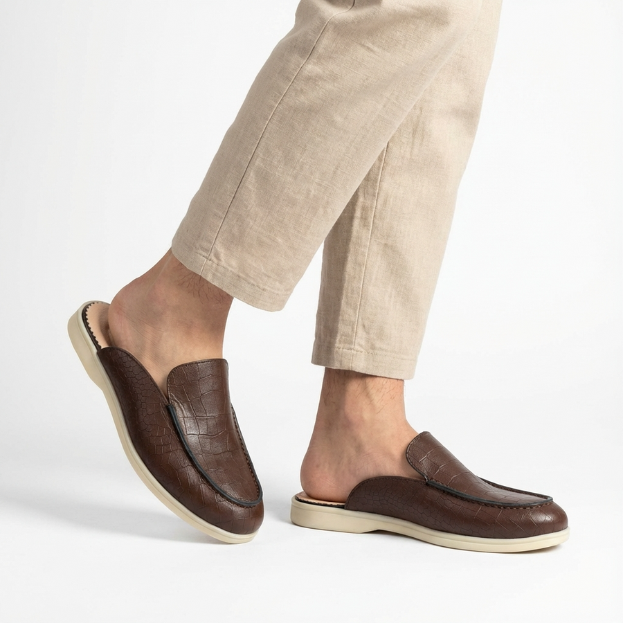 Mules Homme en Cuir Grain Croco Marron